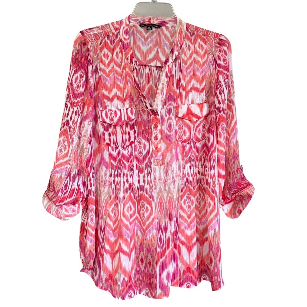 Zac & Rachel‎ Woman Pink Ikat Print Roll Tab 3/4 Sleeve Blouse Plus Size 2X